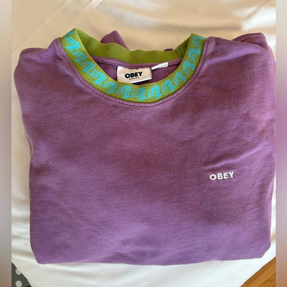 Obey Organic Cotton Lavender Crewneck with Green and Blue Trim